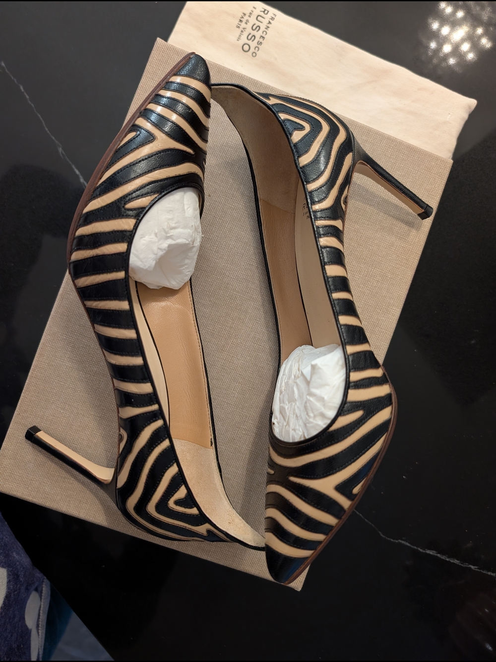 Francesco Russo Black and Nude Zebra-Print Pointed Toe Pumps Size 7.5